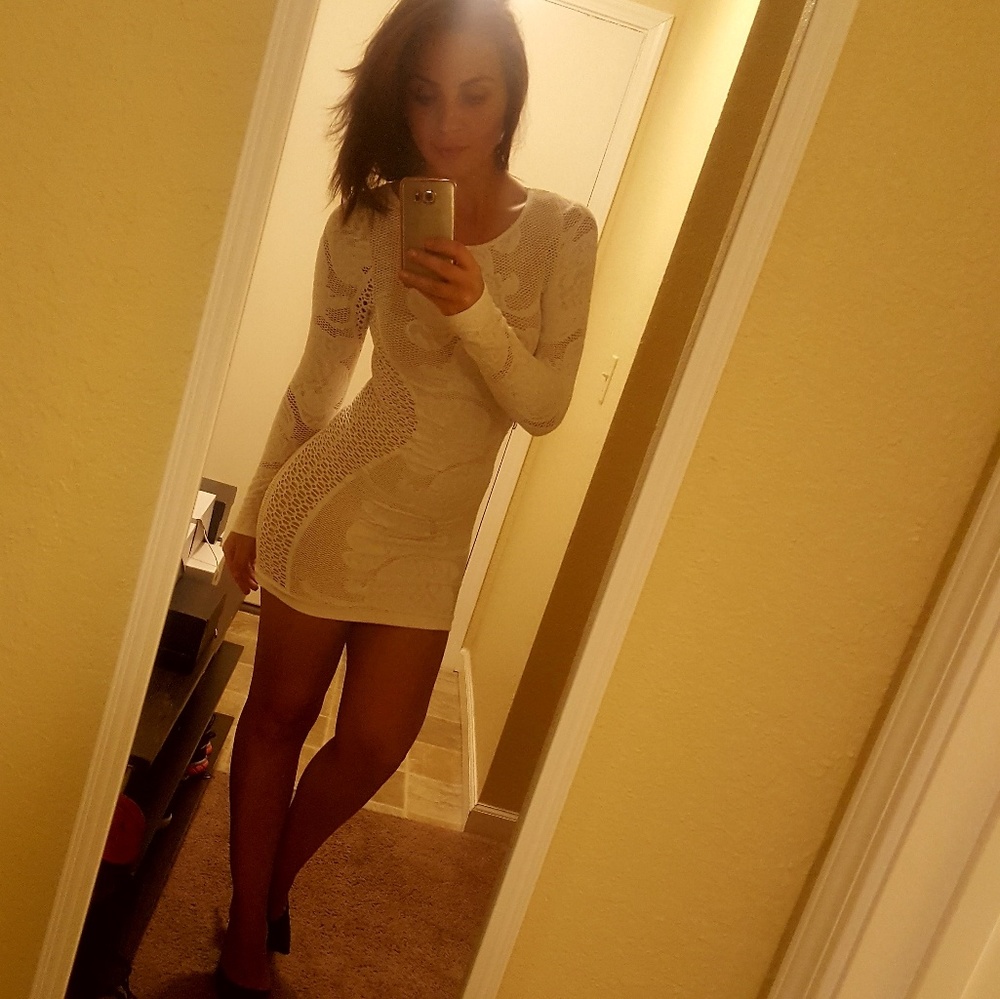 Bebe beige/ white overlay bodycon mini dress